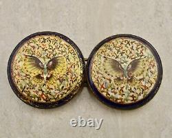 Antique Meiji-period Japanese Satsuma painted Butterfly pair of buckles signed