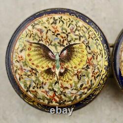 Antique Meiji-period Japanese Satsuma painted Butterfly pair of buckles signed