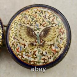 Antique Meiji-period Japanese Satsuma painted Butterfly pair of buckles signed