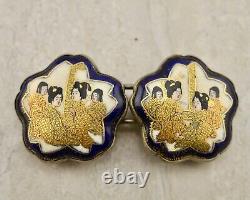 Antique Meiji-period Japanese Satsuma painted Geisha figural buckle pair signed