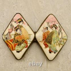 Antique Meiji-period Japanese Satsuma painted Geisha figural buckle pair signed
