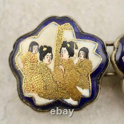 Antique Meiji-period Japanese Satsuma painted Geisha figural buckle pair signed