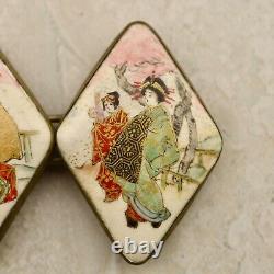 Antique Meiji-period Japanese Satsuma painted Geisha figural buckle pair signed