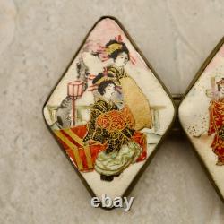 Antique Meiji-period Japanese Satsuma painted Geisha figural buckle pair signed
