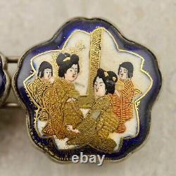 Antique Meiji-period Japanese Satsuma painted Geisha figural buckle pair signed