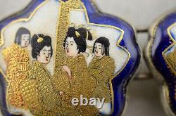 Antique Meiji-period Japanese Satsuma painted Geisha figural buckle pair signed