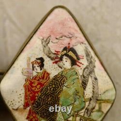 Antique Meiji-period Japanese Satsuma painted Geisha figural buckle pair signed