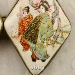 Antique Meiji-period Japanese Satsuma painted Geisha figural buckle pair signed