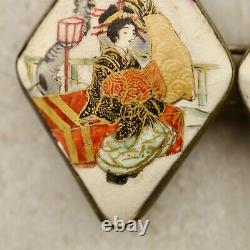 Antique Meiji-period Japanese Satsuma painted Geisha figural buckle pair signed