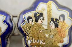 Antique Meiji-period Japanese Satsuma painted Geisha figural buckle pair signed