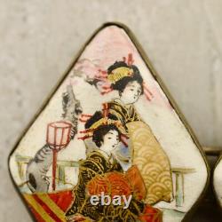 Antique Meiji-period Japanese Satsuma painted Geisha figural buckle pair signed