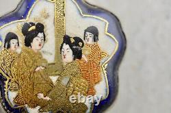 Antique Meiji-period Japanese Satsuma painted Geisha figural buckle pair signed