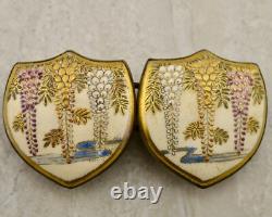 Antique Meiji-period Japanese Satsuma painted Wisteria floral buckle pair signed