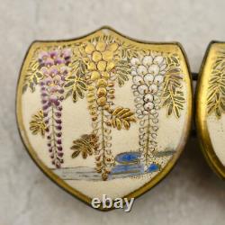 Antique Meiji-period Japanese Satsuma painted Wisteria floral buckle pair signed