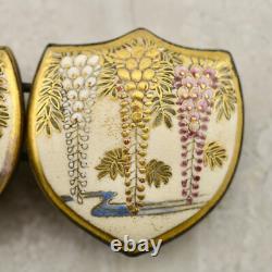 Antique Meiji-period Japanese Satsuma painted Wisteria floral buckle pair signed