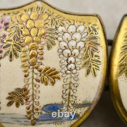 Antique Meiji-period Japanese Satsuma painted Wisteria floral buckle pair signed