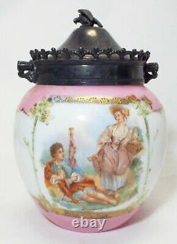 Antique Milk Glass HP Loving Couple Design BISCUIT CRACKER JAR Signed BOUCHER