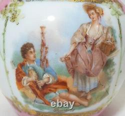 Antique Milk Glass HP Loving Couple Design BISCUIT CRACKER JAR Signed BOUCHER