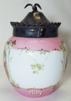 Antique Milk Glass HP Loving Couple Design BISCUIT CRACKER JAR Signed BOUCHER