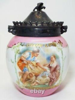 Antique Milk Glass HP Loving Couple Design BISCUIT CRACKER JAR Signed BOUCHER