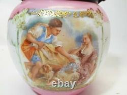 Antique Milk Glass HP Loving Couple Design BISCUIT CRACKER JAR Signed BOUCHER