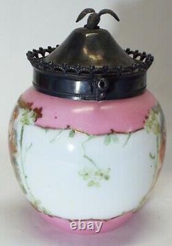 Antique Milk Glass HP Loving Couple Design BISCUIT CRACKER JAR Signed BOUCHER