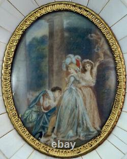 Antique Miniature Portrait The Proposal Couple & Servant Piano Keys Inlays Frame