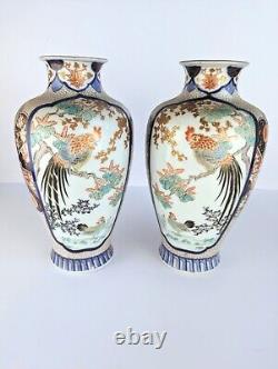 Antique Mirrored Pair Of Japanese Fukagawa, Imari Rooster Vases Meiji Era Signed