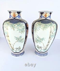 Antique Mirrored Pair Of Japanese Fukagawa, Imari Rooster Vases Meiji Era Signed