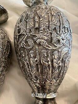 Antique Morocco Middle East PAIR VASE Sterling Silver 84 KINGS FIGURAL Signed