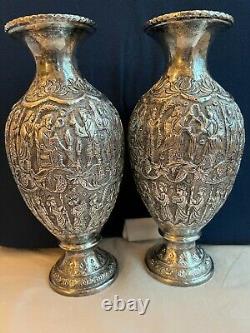 Antique Morocco Middle East PAIR VASE Sterling Silver 84 KINGS FIGURAL Signed