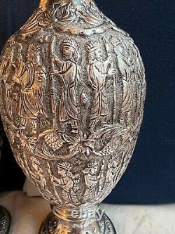 Antique Morocco Middle East PAIR VASE Sterling Silver 84 KINGS FIGURAL Signed