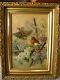 Antique Oil Painting A Pair Of Birds On Canvas Artist Signed Carved Frame
