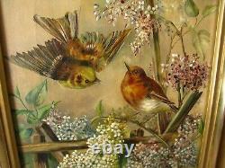Antique Oil Painting A Pair of Birds on Canvas Artist Signed Carved Frame