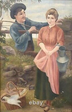 Antique Oil Painting Boy Girl Two Turtle Doves Victorian Lovers Folk Art Signed