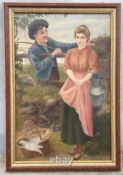 Antique Oil Painting Boy Girl Two Turtle Doves Victorian Lovers Folk Art Signed