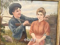 Antique Oil Painting Boy Girl Two Turtle Doves Victorian Lovers Folk Art Signed