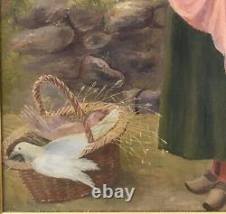 Antique Oil Painting Boy Girl Two Turtle Doves Victorian Lovers Folk Art Signed