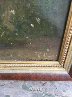 Antique Oil Painting Boy Girl Two Turtle Doves Victorian Lovers Folk Art Signed
