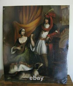 Antique Oil Painting On Tin Couple Dog 8 x 6 5/8 Private Collection