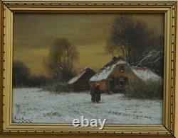 Antique Oil on Board of A Snowy Landscape with Farmhouse and an Old Couple