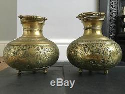 Antique Old Pair Of Brass Bronze Chinese Incense Burner Bowls Engraved Dragons