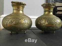 Antique Old Pair Of Brass Bronze Chinese Incense Burner Bowls Engraved Dragons