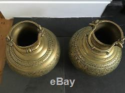 Antique Old Pair Of Brass Bronze Chinese Incense Burner Bowls Engraved Dragons