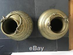 Antique Old Pair Of Brass Bronze Chinese Incense Burner Bowls Engraved Dragons