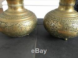 Antique Old Pair Of Brass Bronze Chinese Incense Burner Bowls Engraved Dragons