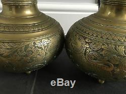 Antique Old Pair Of Brass Bronze Chinese Incense Burner Bowls Engraved Dragons