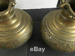 Antique Old Pair Of Brass Bronze Chinese Incense Burner Bowls Engraved Dragons