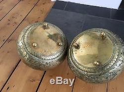 Antique Old Pair Of Brass Bronze Chinese Incense Burner Bowls Engraved Dragons