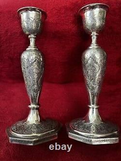 Antique Ornate Etched Pair 84 Silver Persian Signed Candlesticks Shabbat 645 Gr